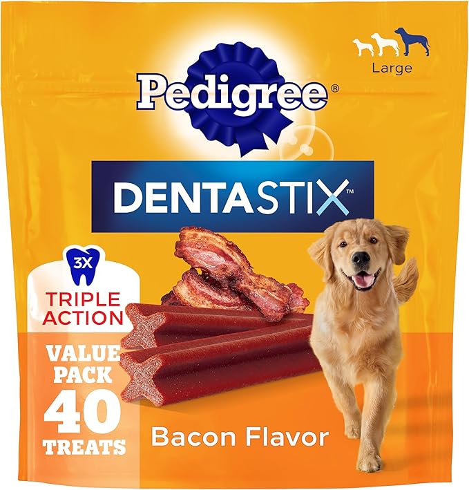 Pedigree Dentastix Dog Dental Treats, Large Breed Dog Treats, Bacon Flavor, 2.08 lb. Bag (40 Treats Total)