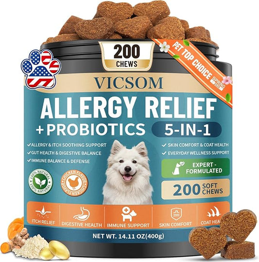 Dog Allergy Chews with Probiotics for Dogs, 200 Dog Allergy Relief Treats for Dogs Immune Support & Itching Skin Relief, Ears, Eyes, Paws Support, Dog Probiotics for Gut Health, Chicken Flavor