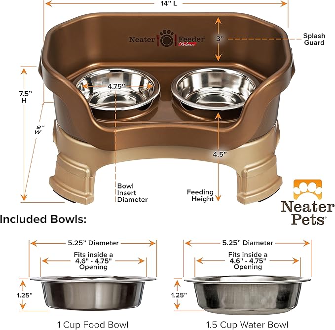 Neater Feeder Deluxe Mess-Proof Elevated Cat Bowls, 2 Height Adjustable (6” & 7.5”) No-Spill Raised Cat Bowl Stand, Whisker Friendly Stainless Steel Dishes for Indoor Cats, Made in USA, Bronze