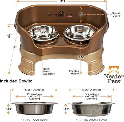 Neater Feeder Deluxe Mess-Proof Elevated Cat Bowls, 2 Height Adjustable (6” & 7.5”) No-Spill Raised Cat Bowl Stand, Whisker Friendly Stainless Steel Dishes for Indoor Cats, Made in USA, Bronze