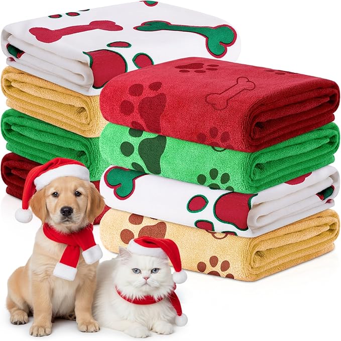 Chumia 8 Pcs Dog Towels for Drying Dogs Cats Pet Towels Bulk Puppy Microfiber Fast Drying Paw Bath Bathing Supplies Absorbent for Medium Pets(40 x 24 Inch,Dog Paw and Bone,Christmas Color)
