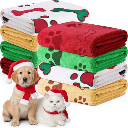 Chumia 8 Pcs Dog Towels for Drying Dogs Cats Pet Towels Bulk Puppy Microfiber Fast Drying Paw Bath Bathing Supplies Absorbent for Medium Pets(40 x 24 Inch,Dog Paw and Bone,Christmas Color)
