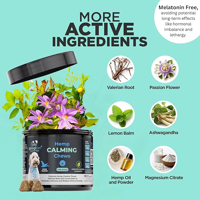 Googipet Daily Hemp Calming Chews for Dogs - Separation Anxiety Relief for Dogs, Non-Drowsy Dog Calming Chews Dog Anxiety Relief Treats with Valerian Root, & Hemp