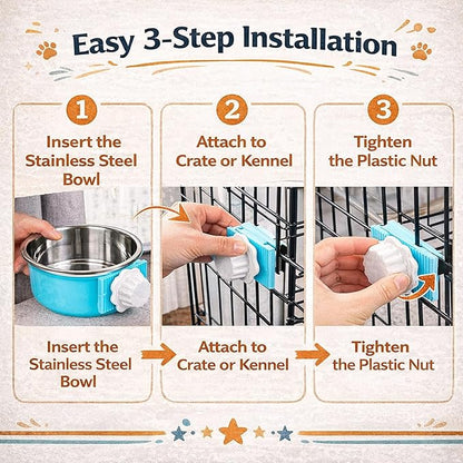 HERCOCCI 2 Pack Dog Crate Bowls, Hanging Removable Stainless Steel Food and Water Bowls for Puppies, Small Dogs, Cats, Rabbits & Ferrets (Blue, Green)