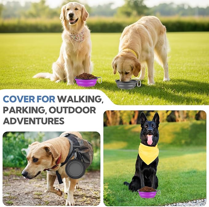 Collapsible Dog Bowl Large 2 Pack, Dog Water Bowls for Travels, Portable Foldable Pet Bowls Feeding Watering Dish for Parking Walking Camping with 2 Carabiners Clip (34oz, Large, Grey+Purple)
