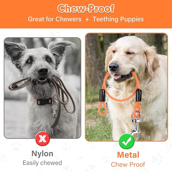 Chew Proof Dog Leash Extender, 24'' Wire Rope Extension for Small, Medium, Large Dogs, Walking, Training Puppies, Dual 2-Dog Leash, Metal Cable Lead for Collar & Harness