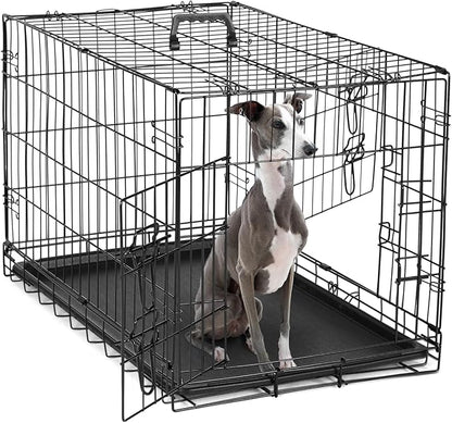 DUMOS Dog Crate, 36 Inch Medium Double Door Dog Cage with Plastic Leak-Proof Pan Tray, Folding Metal Wire Pet Kennel for Indoor, Outdoor, Travel