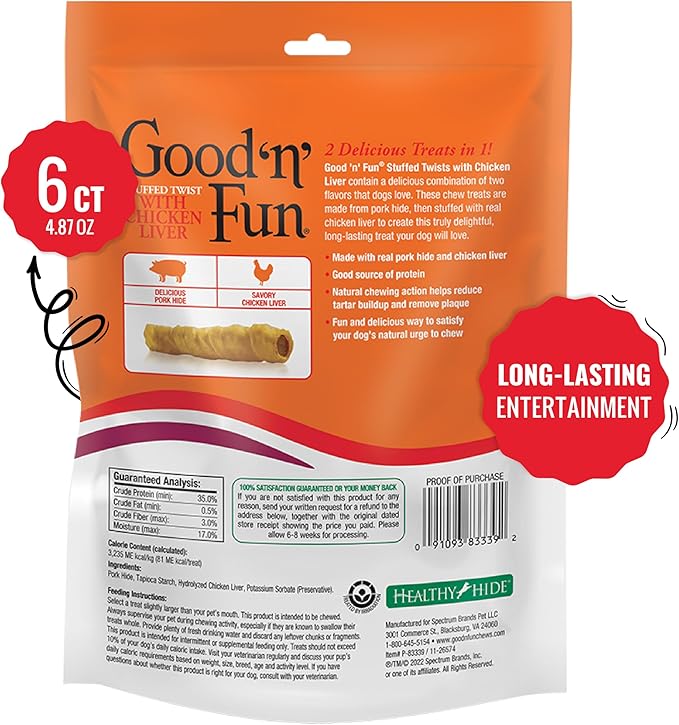 Good 'N' Fun Rawhide Twists, Chicken Liver Recipe, 6-Count