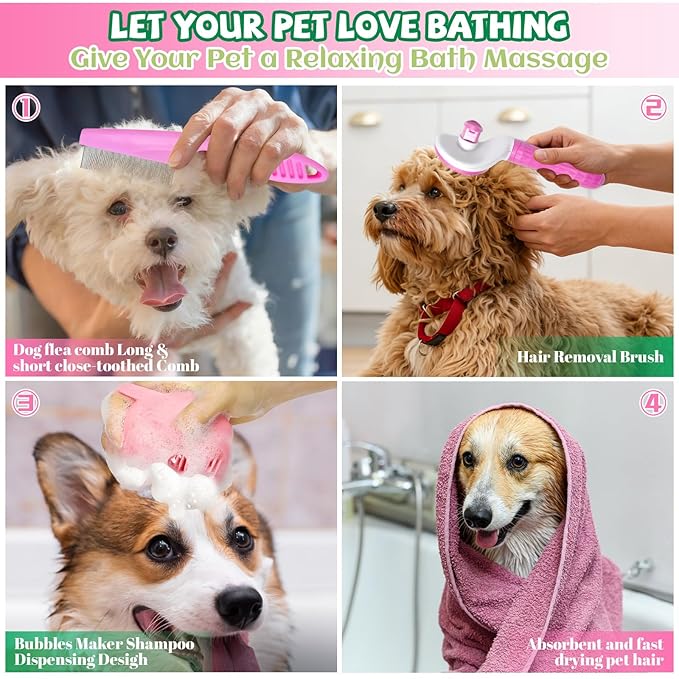 8PCS Dog Slicker Brush for Dogs Grooming Kit,Bath Grooming Kit for Pets,Hair Brush Set with Towel,Washing Gloves,Slicker Comb,and Shampoo Scrubber Brush for Small and Large Dogs and Cats Cats(Pink)