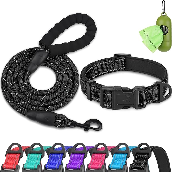 Dynmeow Reflective Dog Collar and Leash Set, 6FT Strong Climbing Rope Leash with Padded Handle, Adjustable Pet Collar with Soft Neoprene Padding for Large Dogs, Black, L