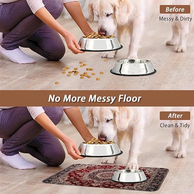 Vintage Carpet Boho Pet Feeding Mat,Absorbent Quick-Dry Cat Dog Food and Water Bowl Mats,Non-Slip Rubber Backing Mat,Cat Dog Accessories Supplies 12"x20"
