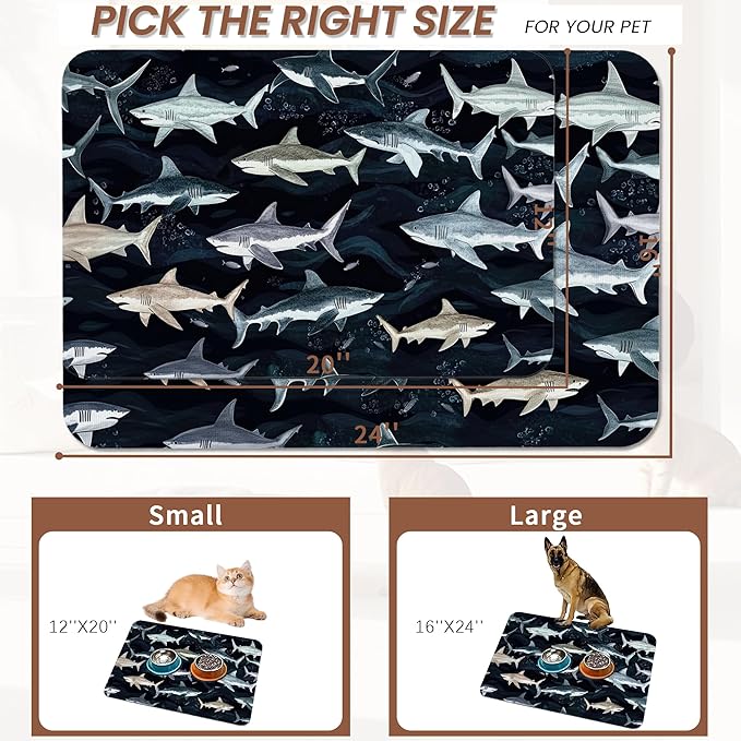 Cute Shark Dog Cat Food Mat,Absorbent Pet Feeding Mat with Rubber Backing,Non-Slip Water Bowl Placemat,Indoor Pet Accessories Supplies 16"x24"