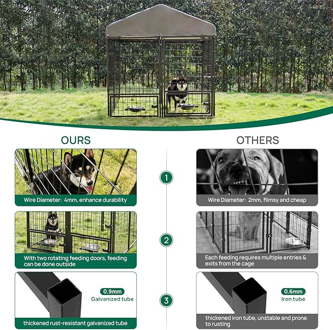 Dog Kennel Outdoor 4.5 x4.5 x4.9 ft with Roof and Rotating Bowl Holders, Large Metal Dog Enclosure, Heavy Duty Dog House Built with Robust 4mm Diameter Wire (4.5'L x 4.5'W x 4.9'H)