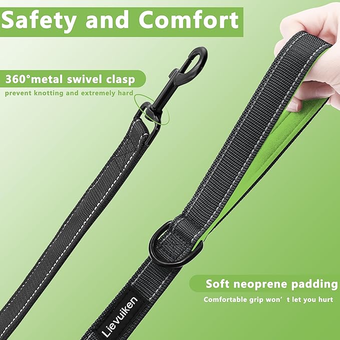 Dog Leash 6ft Long, Double Handle Dog Leash for Safety Control Training, Heavy Duty Dog Leads with Traffic Padded Handles, Reflective Leashes for Small Medium Large Dogs(6ft, Black Green)