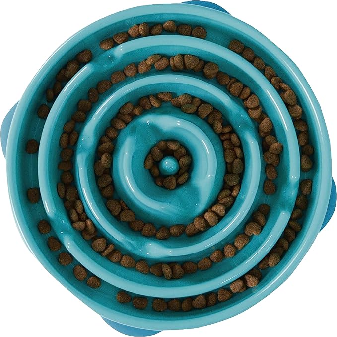 Outward Hound Fun Feeder Slo Bowl – Large 4‑Cup Capacity, Slow Feeding, Medium to Large Dogs, Non‑Slip, Turquoise, Drop Pattern