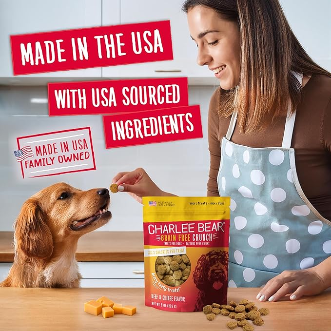 Charlee Bear Crunch Grain Free Dog Treats, Beef and Cheese, 8 Ounce Resealable Bag, Low Calorie Training Treats for Dogs, Limited Ingredient, Healthy, Crunchy Dog Snacks, Made in USA
