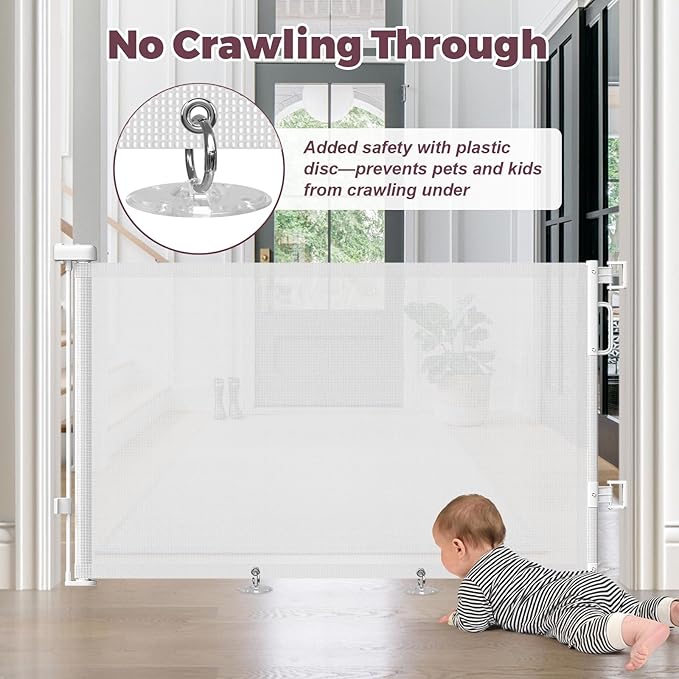 Retractable Baby Gate for Stairs, 55" Wide Mesh Dog Gate Indoor, 34" Tall Child Gate for Doorways, Hallways, Deck, Indoor Outdoor Pet Baby Safety Essentials for Home, White