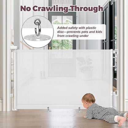 Retractable Baby Gate for Stairs, 55" Wide Mesh Dog Gate Indoor, 34" Tall Child Gate for Doorways, Hallways, Deck, Indoor Outdoor Pet Baby Safety Essentials for Home, White