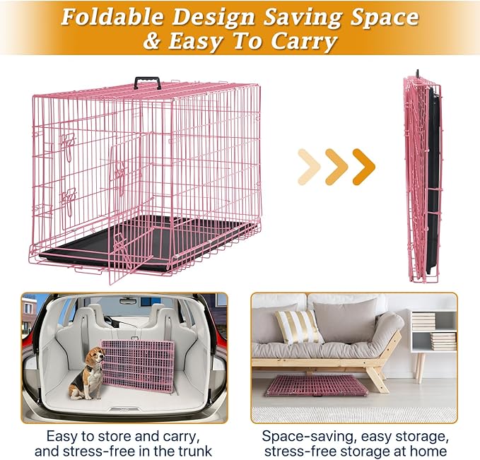 Dog Crate, Folding Portable Outdoor Large Two Door Metal Cat Dog Cage with ABS Tray LC Panel Floor Protecting Feet Wire Animal Pet Dog Kennel with Divider