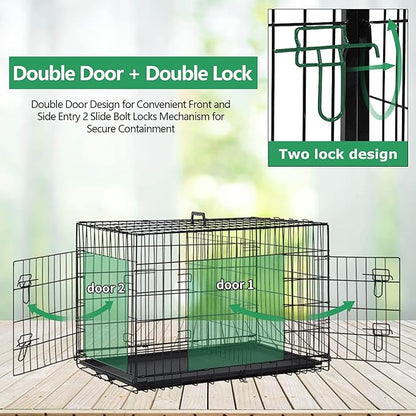 Dog Crate, 24/30/36/42/48 Inch Dog Crates for Small Medium Large Dogs Indoor, Folding Metal Dog Kennel Dog Cage with Double-Door, Divider Panel, Removable Tray, Locks and Handle, (42 Inch, Black)