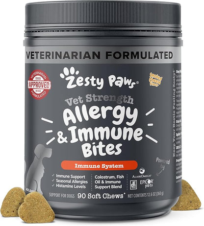Zesty Paws Vet Strength Allergy Immune Bites - Dog Allergy Chews, Dog Probiotics for Itchy Skin and Ears, Smoked Cheese, 90ct