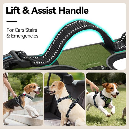 PHOEPET No Pull Dog Harness with Handle Front & Back Clip, Easy on Lockable Snap Buckle at Neck, Adjustable Reflective Vest with Handle for Small Medium Large Dogs (XL, Misty Green)