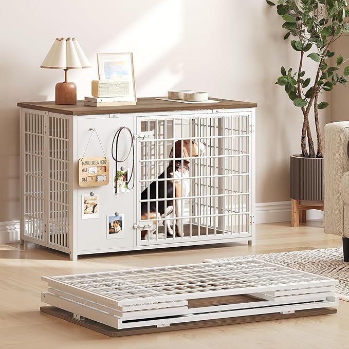 YATINEY Foldable Dog Crate Furniture, Dog Crate with DIY Frame, Heavy Duty Dog Kennel Indoor with Hooks, Wooden Dog Cage End Table, for Small/Medium Dogs, White and Walnut DC95WH