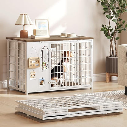 YATINEY Foldable Dog Crate Furniture, Dog Crate with DIY Frame, Heavy Duty Dog Kennel Indoor with Hooks, Wooden Dog Cage End Table, for Small/Medium Dogs, White and Walnut DC95WH