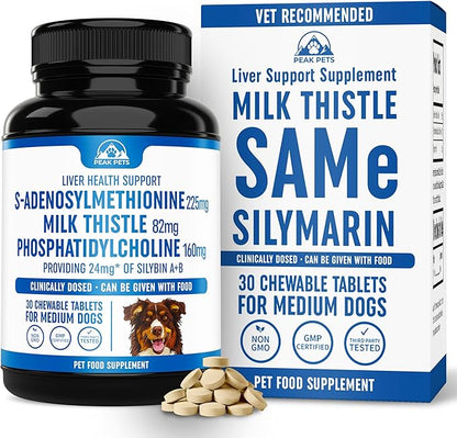 Liver Support Supplement for Medium Dogs with Silymarin (SAMe & Silybin) S-Adenosyl-L-methionine (SAM-e) & Silybum (Milk Thistle) Dog Liver Supplement - 3rd Party Tested, Non GMO - 30 Chewable Tablets