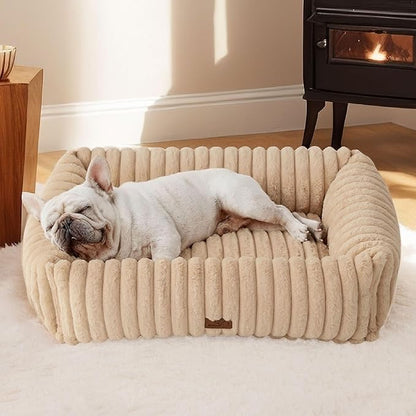 Bedsure ComfyFleece™ Washable Dog Bed for Medium Dogs - Cute Furry Puppy Beds, Rectangle Orthopedic Corduroy Fleece Pet Beds with Removable Zipper Cover, 30x24x8inches, Sandy Beige