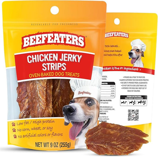 Beefeaters Chicken Jerky Strips for Dogs 9oz, 100% Real Chicken Breast, Oven-Baked, Grain-Free Dog Treats for Training & Rewards, High Protein, Low Fat, Resealable Bag, Allergy-Friendly