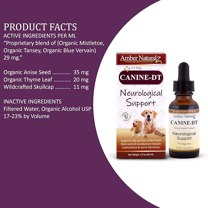 Amber NaturalZ Canine DT Herbal Supplement for Dogs | Canine Supplement for Muscle, Nose, Paw Pad, Nerve, and Neurological Support | 1 Fluid Ounce Glass Bottle