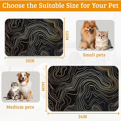 Dog Bowl Mat,Abstract Map Pet Feeding Mat for Floors Waterproof,Golden Lines Texture Absorbent Dogs Placemat for Food and Water Quick Dry Pet Cat Feeding Mats with Non Slip Bottom 16" x 24"