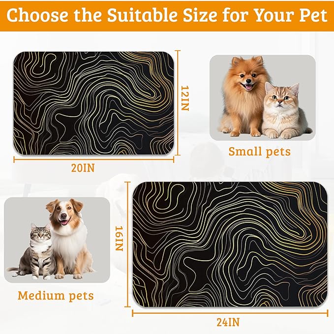 Dog Bowl Mat,Abstract Map Pet Feeding Mat for Floors Waterproof,Golden Lines Texture Absorbent Dogs Placemat for Food and Water Quick Dry Pet Cat Feeding Mats with Non Slip Bottom 12" x 20"