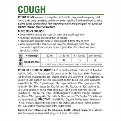 HomeoPet Cough, Safe and Natural Cough Supplement for Dogs, Cats, and Small Pets, 15 Milliliters