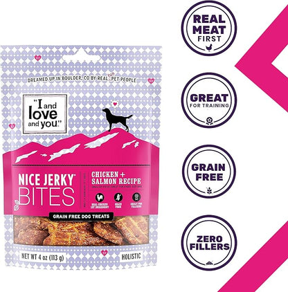 I AND LOVE AND YOU Nice Jerky Bites - Chicken + Salmon - Grain Free, Real Beef, Training Treat, Chewy Dog Treats, Filler Free, 4oz (Pack of 2)