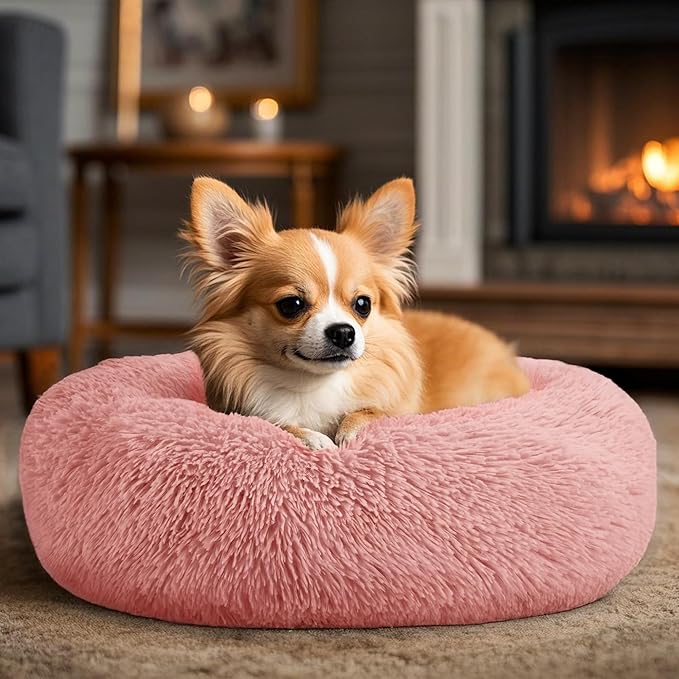 Hoewina Dog & Cat Bed, 20in Cat Beds for Indoor Cats, Calming Donut Bed for Puppy and Kitten, Washable Round Fluffy Pet Bed for Small Medium Dogs and Cats (Pink)