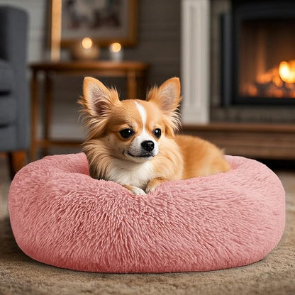 Hoewina Dog & Cat Bed, 20in Cat Beds for Indoor Cats, Calming Donut Bed for Puppy and Kitten, Washable Round Fluffy Pet Bed for Small Medium Dogs and Cats (Pink)