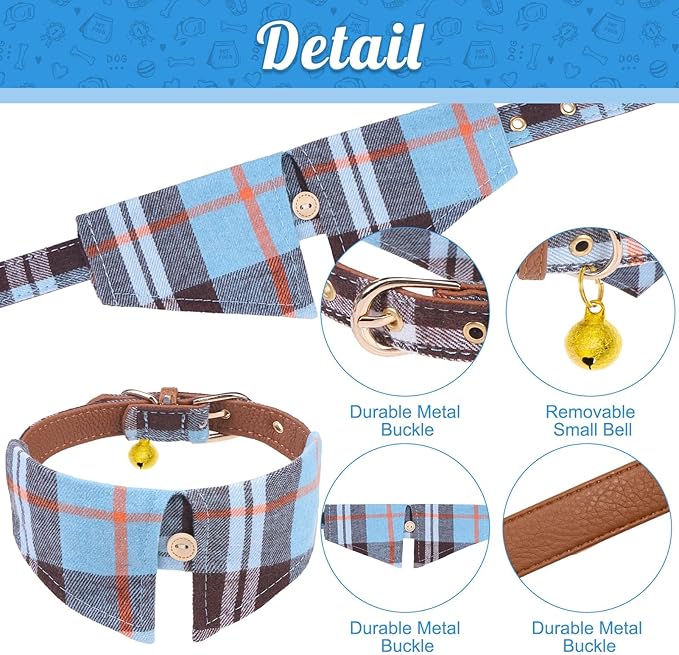 EXPAWLORER Classic Plaid Dog Collar with Bow Tie and 360 Swivel No Tangle Leash - Adjustable for Small Medium Dogs, Cats, Sky Blue SM