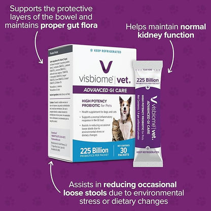 Visbiome® Vet Advanced GI Care High Potency Probiotic for Dogs & Cats – 225B CFU, 8-Strain Formula – Refrigerated, Veterinarian Recommended, Clean Label Certified – 30 Packets