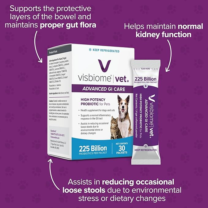 Visbiome® Vet Advanced GI Care High Potency Probiotic for Dogs & Cats – 225B CFU, 8-Strain Formula – Refrigerated, Veterinarian Recommended, Clean Label Certified – 90 Packets