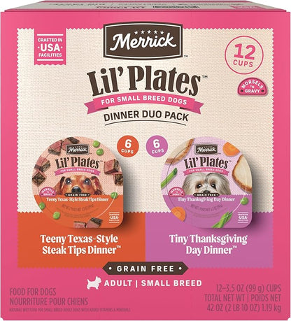 Merrick Lil’ Plates Grain Free Dinner Duos Soft Natural Wet Small Dog Food Variety Pack, Beef and Turkey - (Pack of 1) 2.6 lb. Tubs