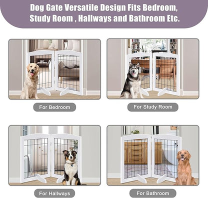 LZRS 2-Panel Freestanding Adjustable Wooden Dog Gate—30” Tall Foldable Pet Barrier with Support Feet, Solid Hardwood & Chew-Resistant Steel Wire for Doorways, Hallways, and Stairs, White
