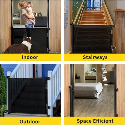 Retractable Baby Gate for Stairs – 33” Height, Expands up to 55” Width – Safety Gate for Infants, Toddlers, Dogs & Pets – Easy Install, Secure Closure, Black Mesh Design for Indoor & Outdoor Use