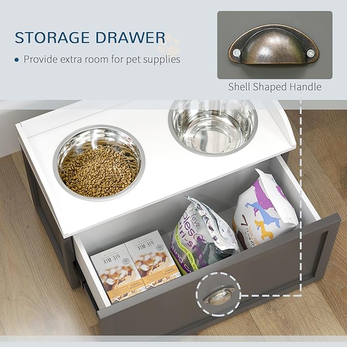 PawHut Feeding Station with Storage Drawer, Food Storage Cabinet with 2 Removable Elevated Bowls for Large Sized Dogs, Gray