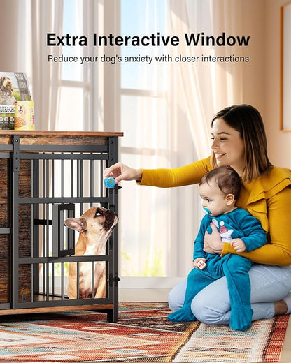 Dog Crate Furniture for Medium Dogs: Heavy Duty Chewproof Wooden Kennel Furniture - Dog Cage Table for High Anxiety - 360° Adjustable Bowls Multi-Lock Sliding Door for Indoor