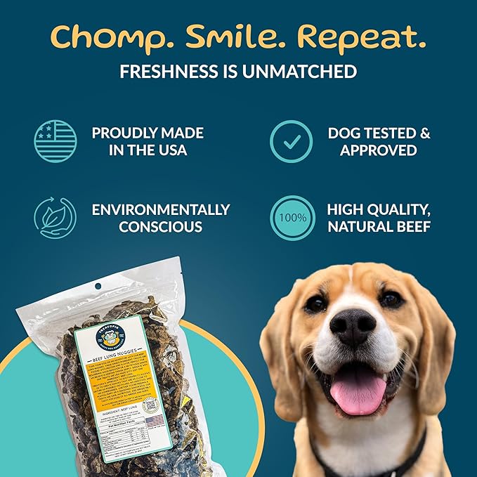 TREATOPIA Beef Lung Nuggies Dog Treats, 1 LB Bag - All-Natural, Sustainable, Healthy, High Protein, Hand-Trimmed, Slow-Roasted, Made in The USA, Nutritious, No Additives, No Fillers