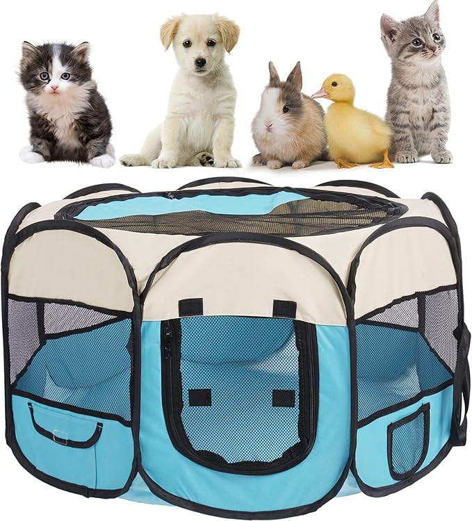 Pet Cat Playpen for Indoor Cats,Puppy Small Dog Cat Tent Crates Cage,Portable Pet Dog Playpen,29x29x16,Blue/Beige,1Pack