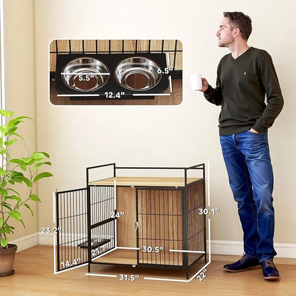 PawHut Dog Crate Furniture with Rotating Bowls, 30 Inch Pet Kennel Furniture End Side Table with 2 Doors, Top Storage Shelf, for Indoor Medium Dogs, Oak