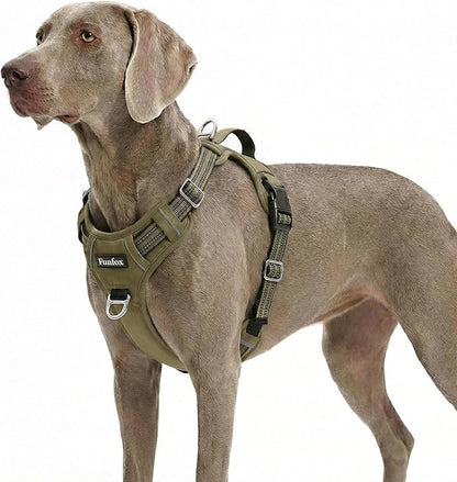 Funfox Dog Harness No Pull, Adjustable Pet Vest Harness, Super Soft Material with Vertical Handle Easy Control, Reflective Night Walking, 2 Leash Clips for XLarge Dogs, Army Green, XL